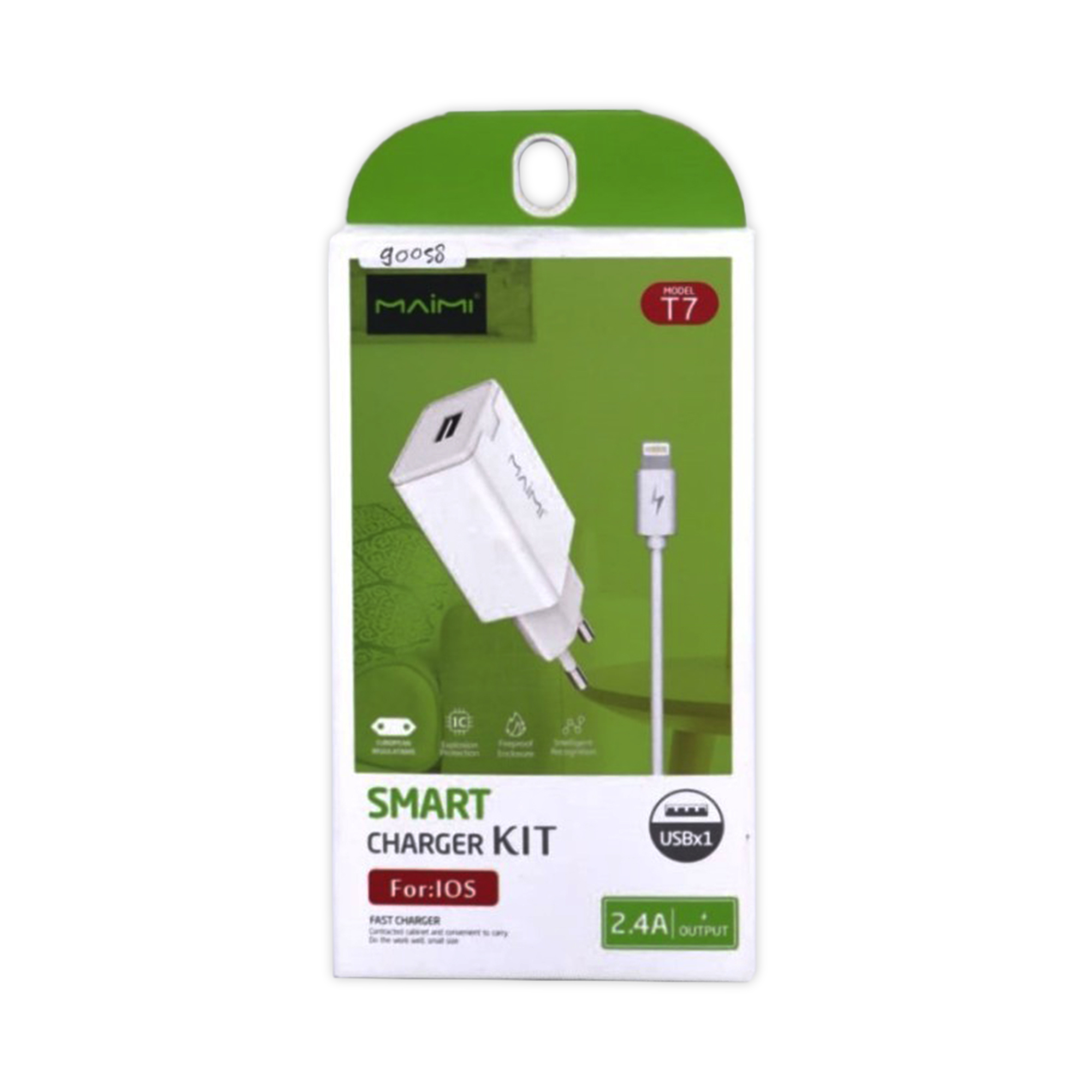 SMARTCHARGER KIT MAIMI-T7 KIT-IOS-2.4A-SINGLE USB-KABEL DATA 1M-WHITE-ORIGINAL